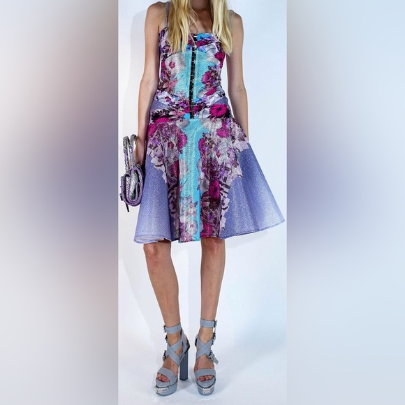 Versace Collection Dresses & Skirts - Versace Lilac Floral Raffia Corset Dress with Flounce Skirt, Size 44 - US 8